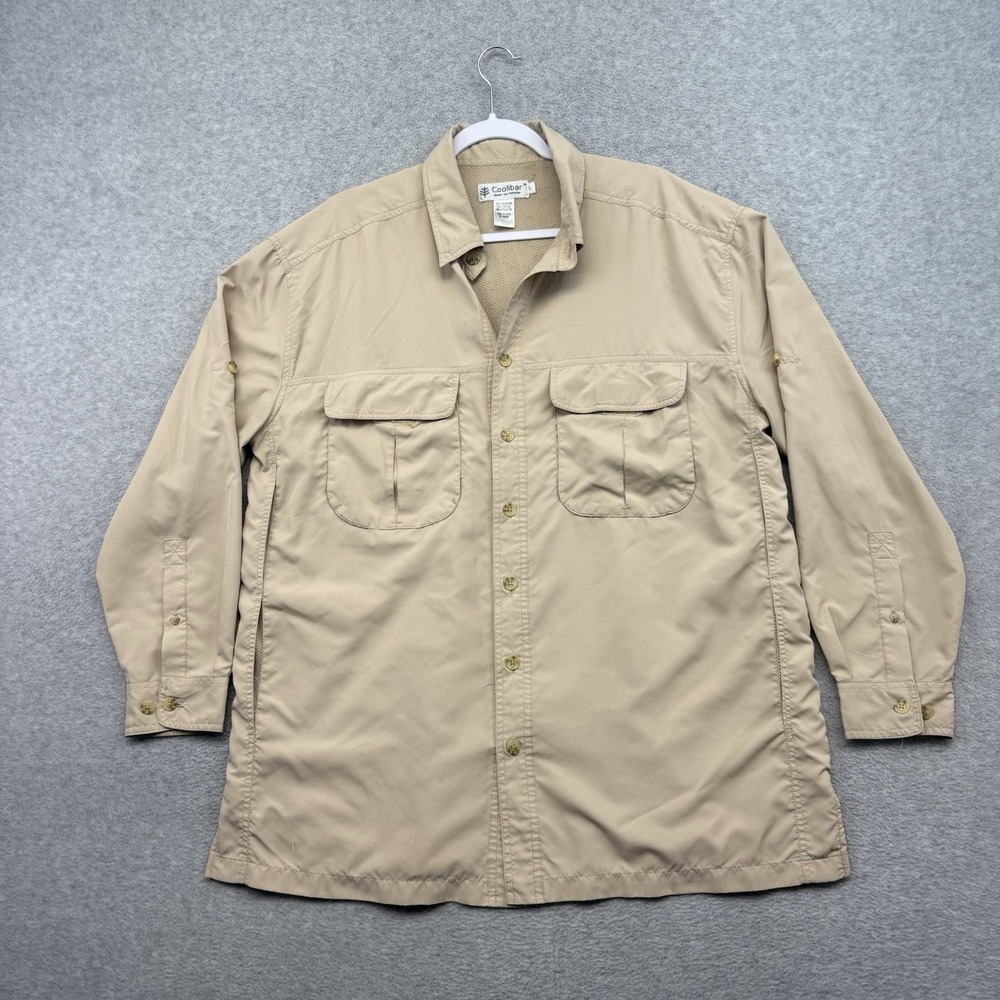 Coolibar Men Cream Long Sleeve Button Down Beach Pool Fishing Vacation Shirt - L